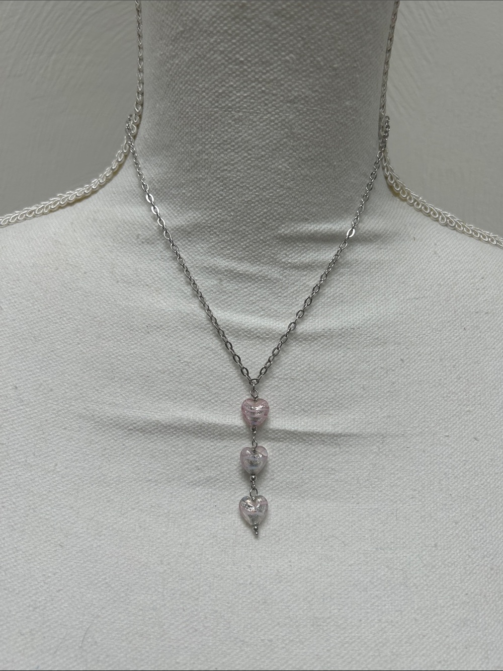 Delicate Silver Necklace with Pink Heart Stone Pendants
